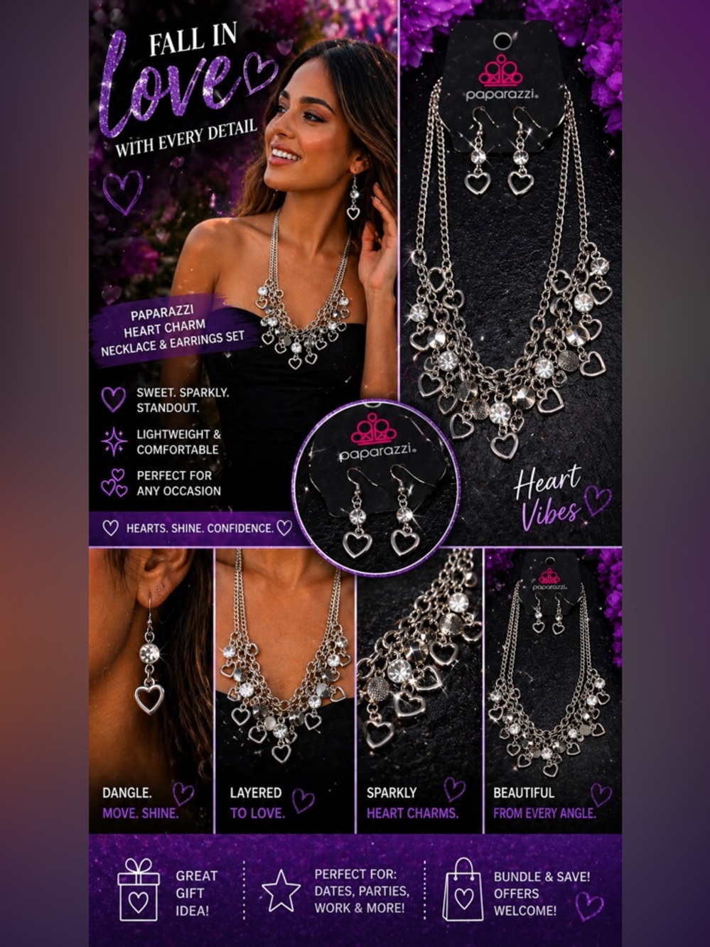 paparazzi Silver Heart Charm Layered Necklace & Dangle Earrings Set
